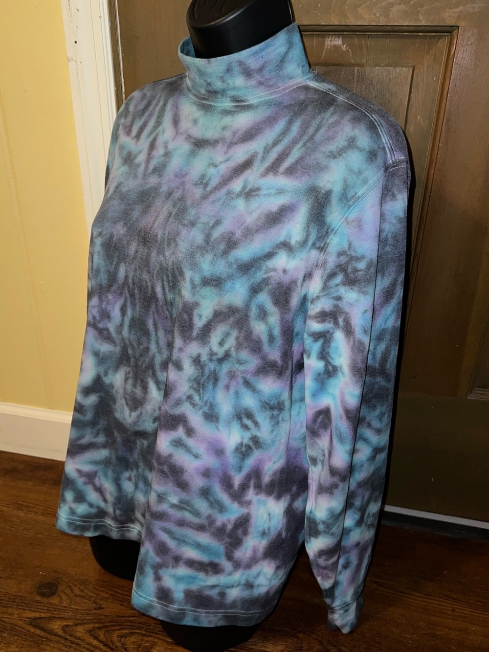 Teal Mock Neck Tie Dye Long Sleeve Sweatshirt Purple Psychedelic Hippie Size M - Picture 5 of 10